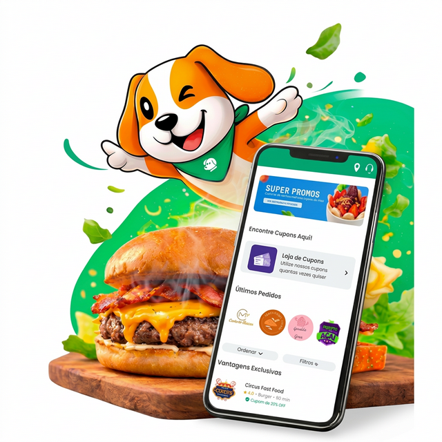 App Bigou em uso, com pedidos de comida e ofertas